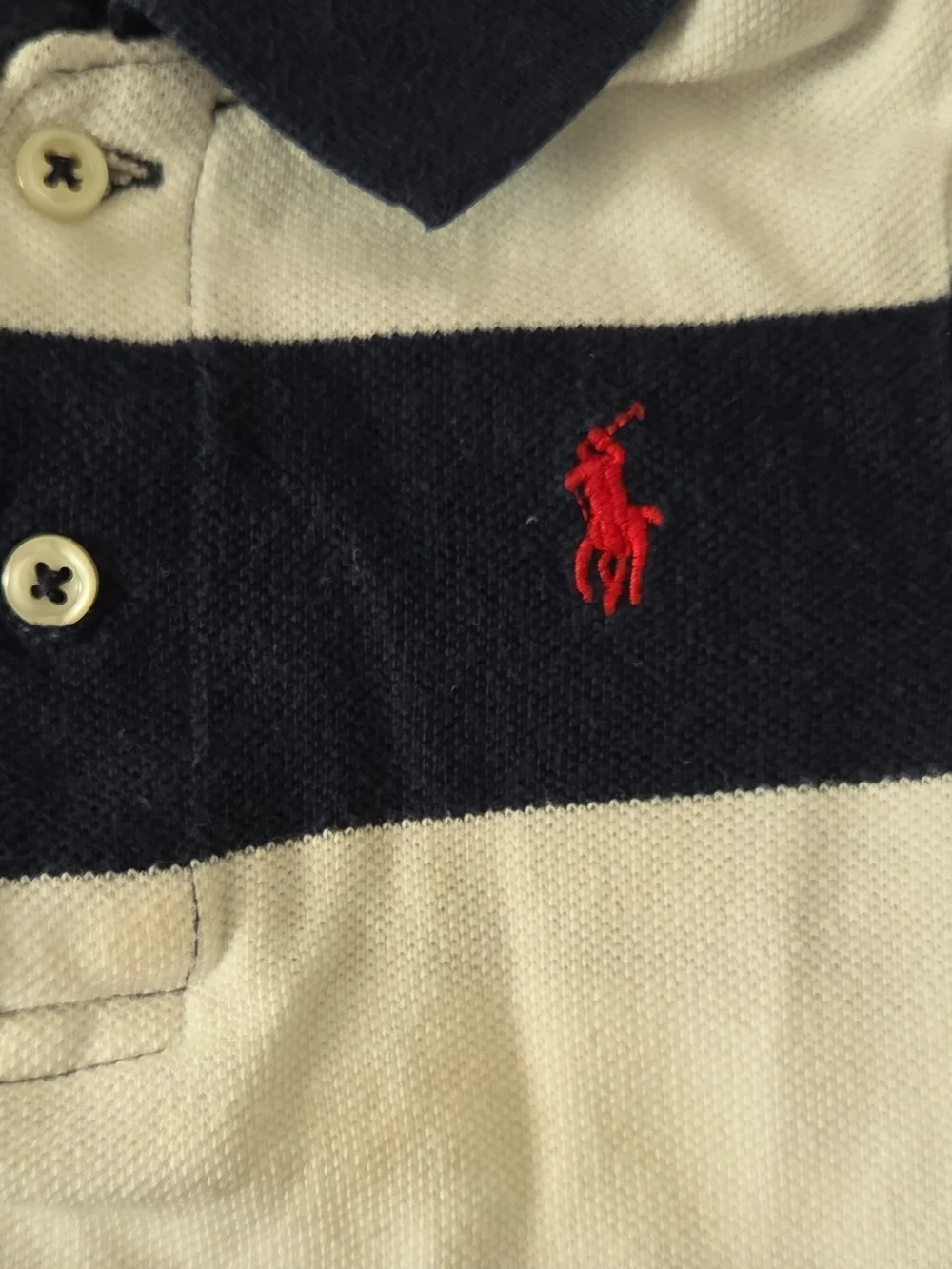 Ralph Lauren Navy & White Striped Polo Romper with Red Logo Size 24 Mo